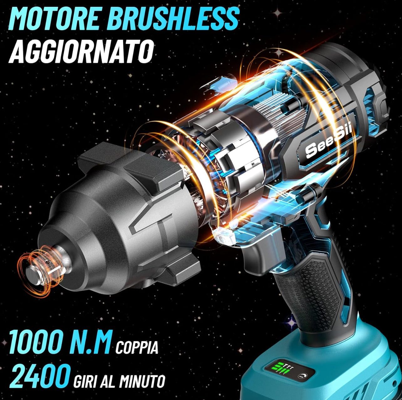 Avvitatore a Impulsi Brushless, 1/2 pollice a Massa Battente, Caricabatterie Rapido, con 2x4.0Ah Batteria, 5 Bussola, Trapano Batteria per Auto e Casa
