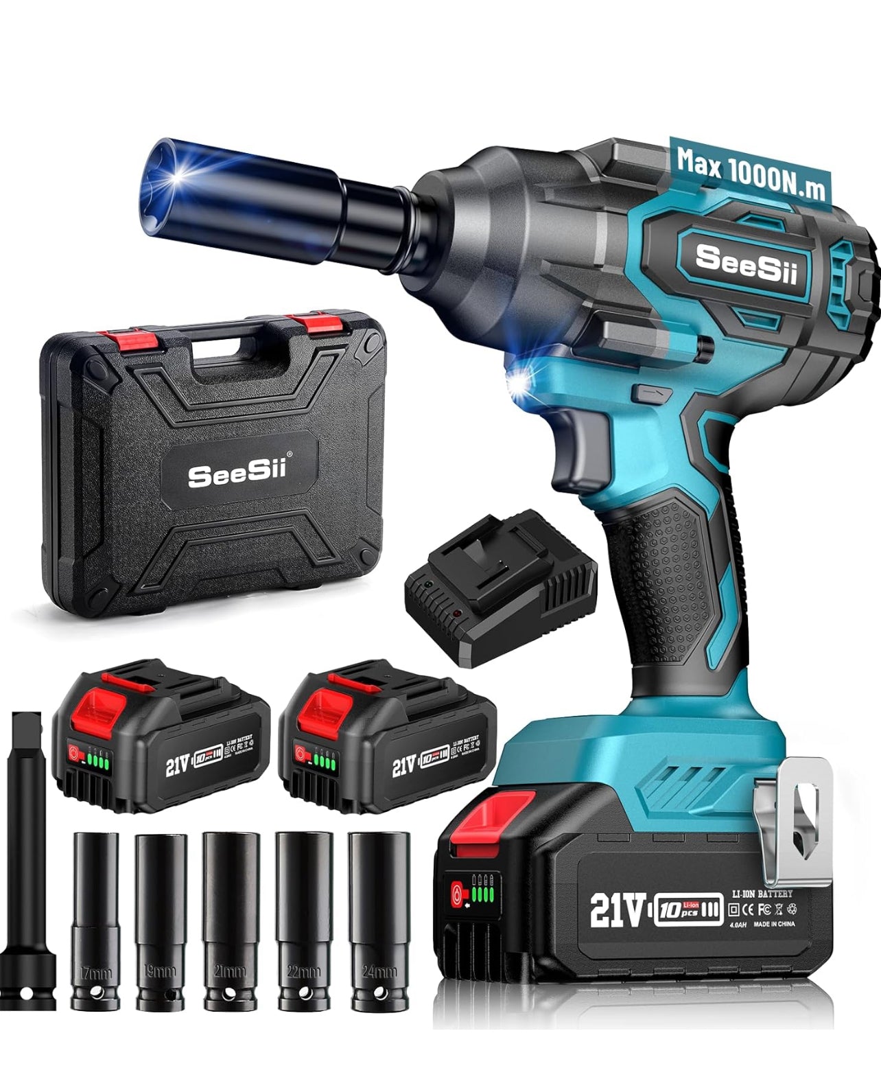 Avvitatore a Impulsi Brushless, 1/2 pollice a Massa Battente, Caricabatterie Rapido, con 2x4.0Ah Batteria, 5 Bussola, Trapano Batteria per Auto e Casa