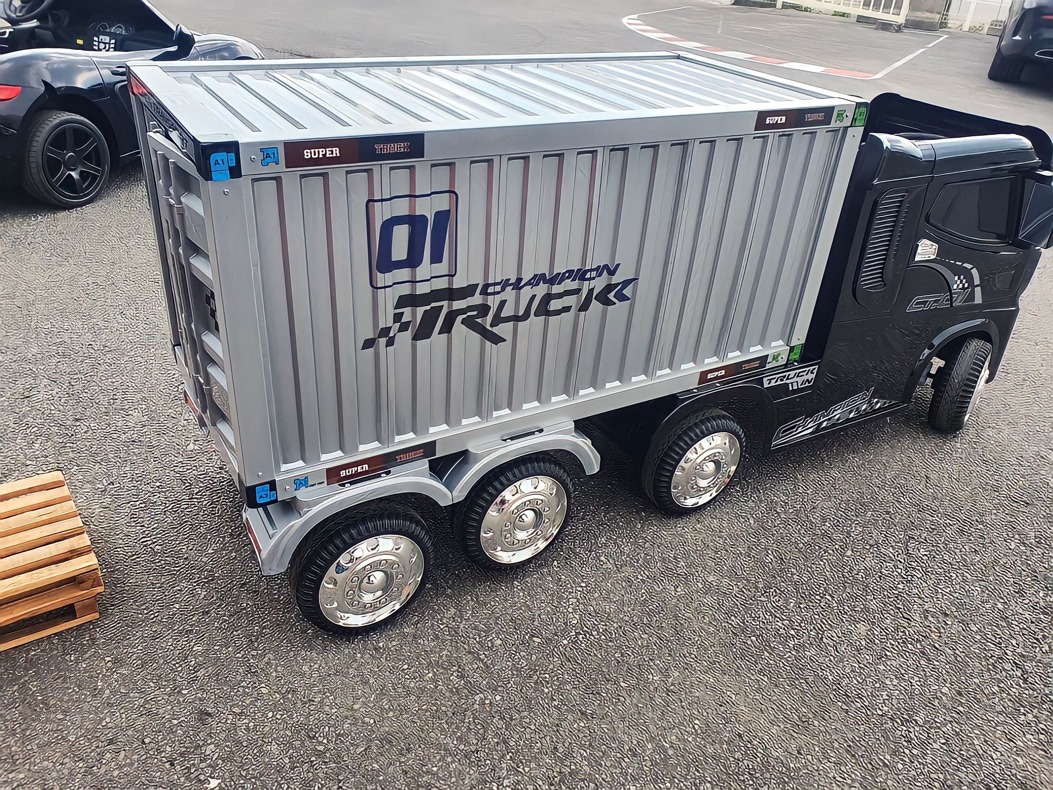 Camion container elettrico bambini 12v telecomando 4 potenti motori