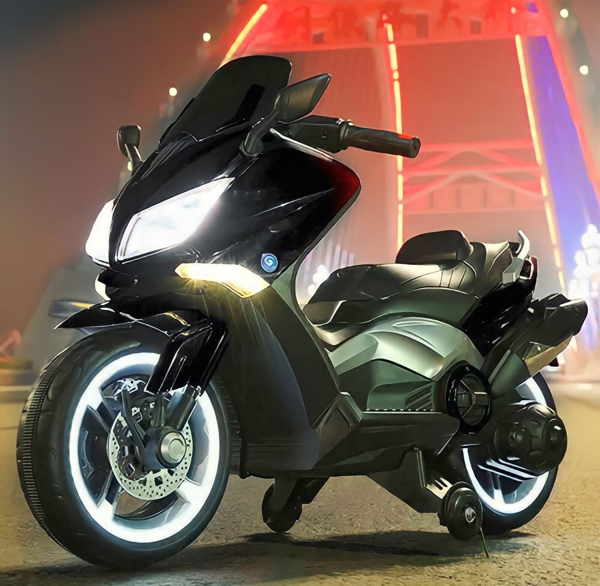 Moto Elettrica per Bambini Tmax 12V Nero Mp3 USB AUX Fari Luci LED